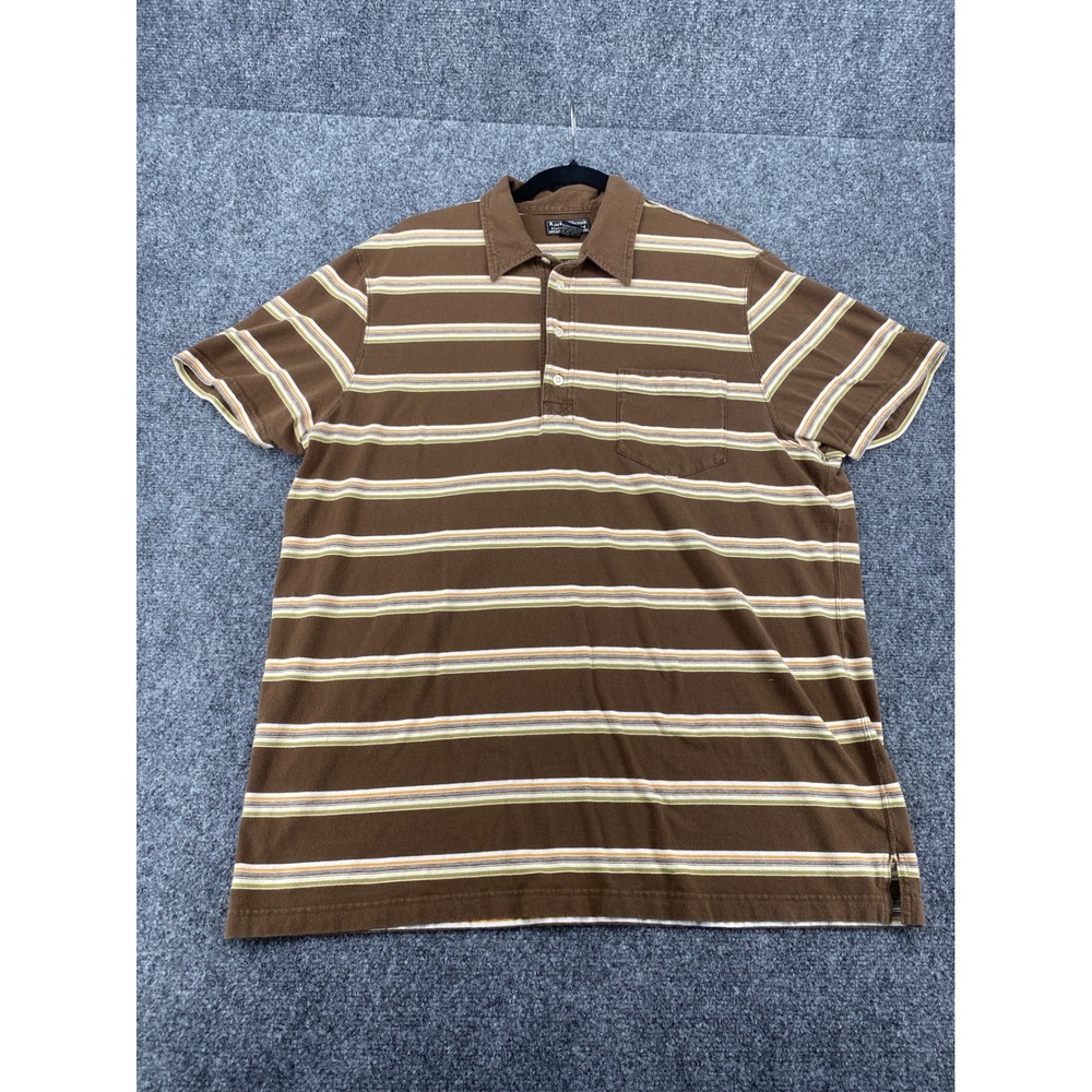 Lucky Brand Polo Shirt Mens XL Brown Striped Short Sleeve Cotton Casual Pocket